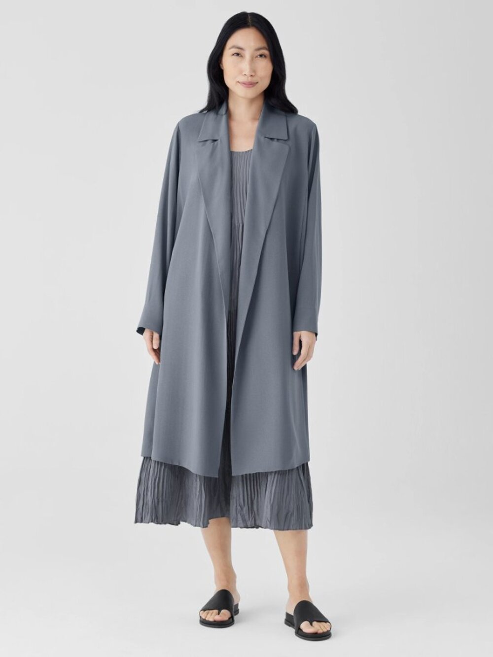 EILEEN FISHER Women's Silk Georgette Crepe Trench Coat Size M in Steel (Dirty)